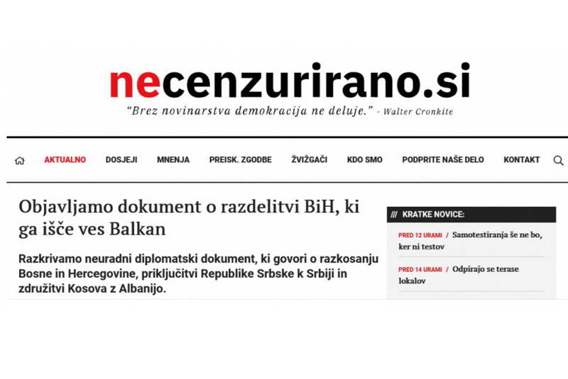 Објавен словенечкиот „нон-пејпер“ за поделба на БиХ, но тој не предвидува поделба на Северна Македонија